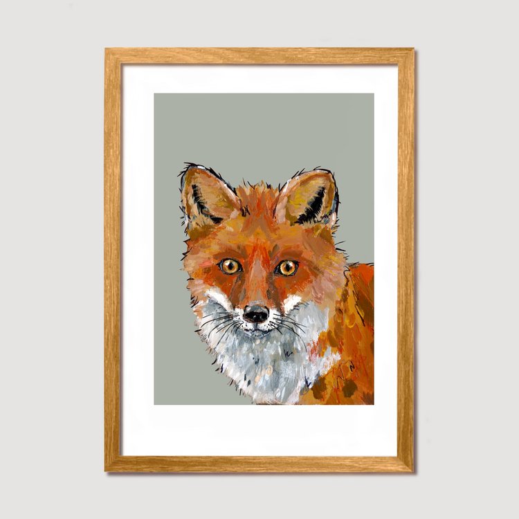 Print in wooden frame. the rint has the head ans shoulders of a red fox that looks straight at the viewer.