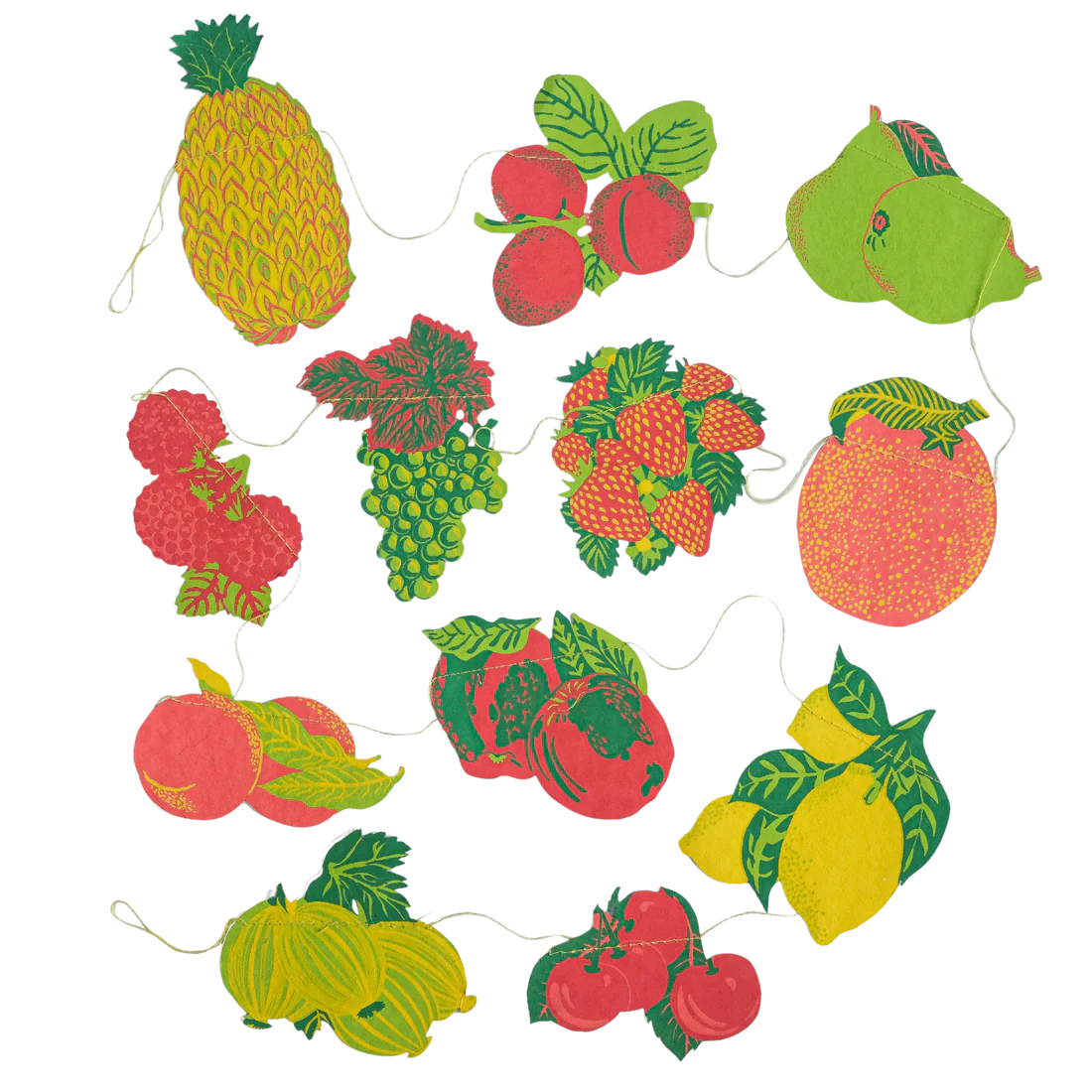 The fruits garland on a white bakground showing all of the fruits from pineapple through lemons to strawberries and grapes.