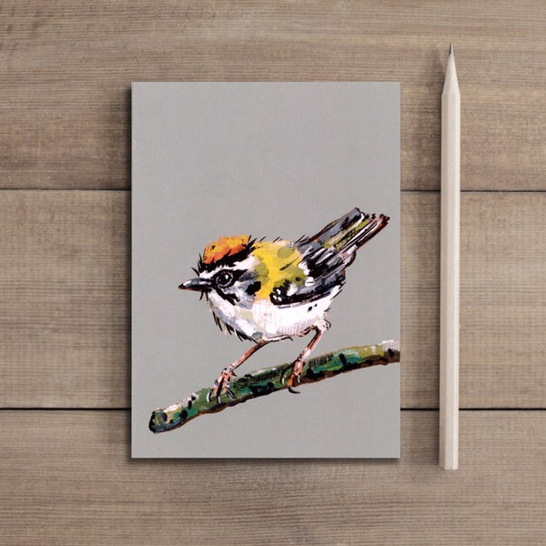 Grey notebook with a goldcrest sitting on a branch. A pencil lies to the right of the notebook.