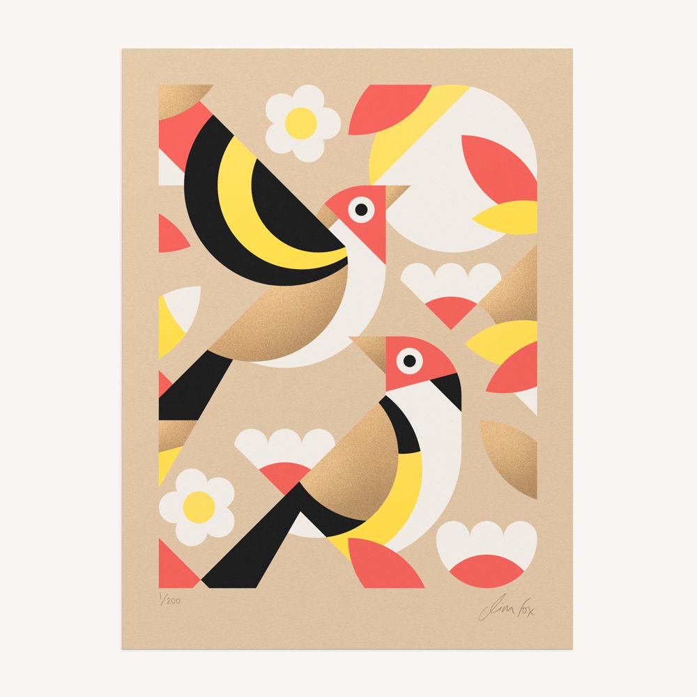 Colorful bird and flower pattern print on a beige background