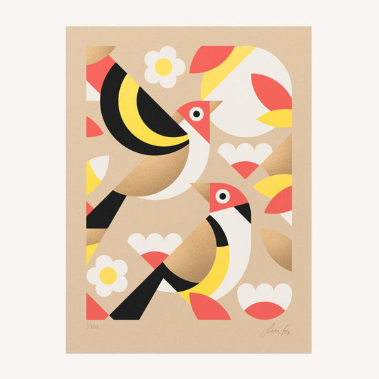 Colorful bird and flower pattern print on a beige background