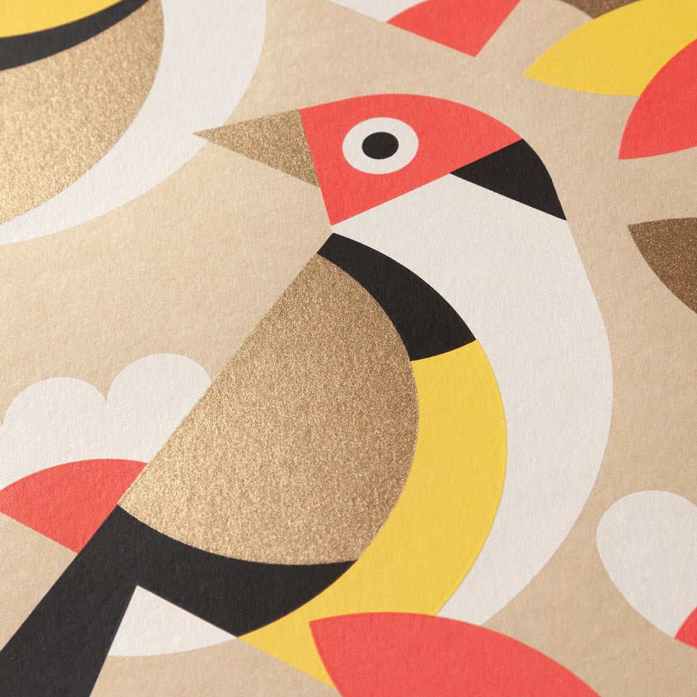 Abstract pattern of birds with geometric shapes on a beige background