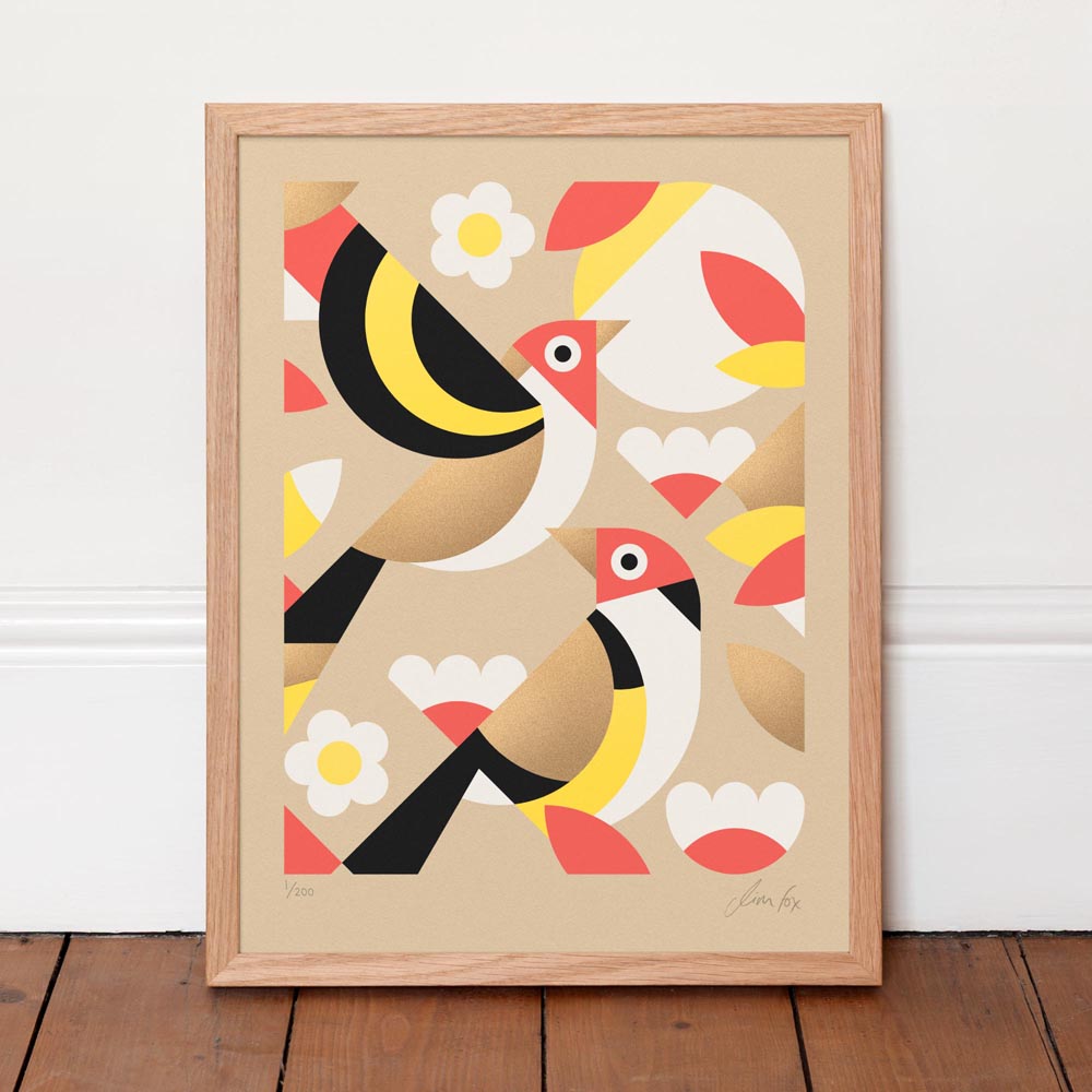 Framed abstract artwork with birds and flowers on a beige background