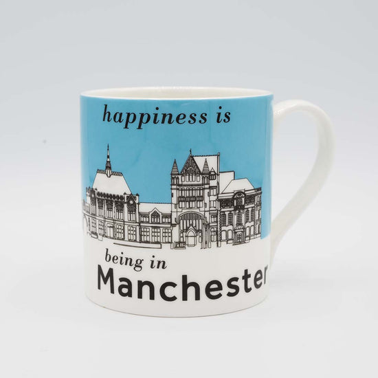 Blue and white mug with an illustration of Manchester Museum