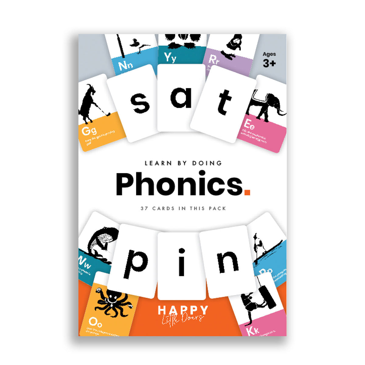 Load image into Gallery viewer, Front view of the box the cards arrive in with black text, learning by doing, and in larger below, phonics.
