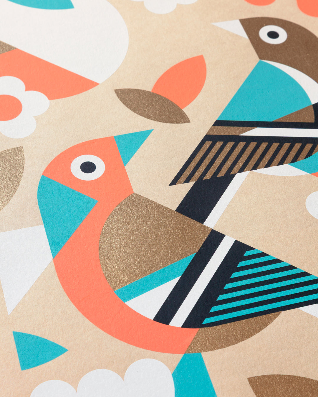 Colorful geometric pattern with birds on a beige background