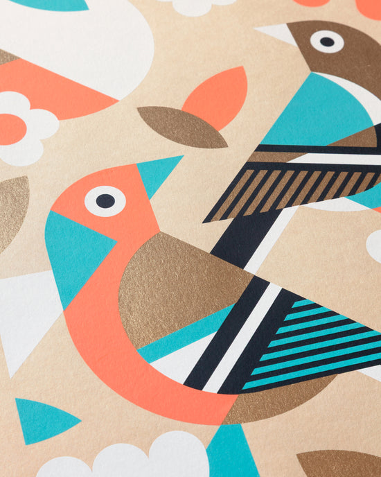 Colorful geometric pattern with birds on a beige background