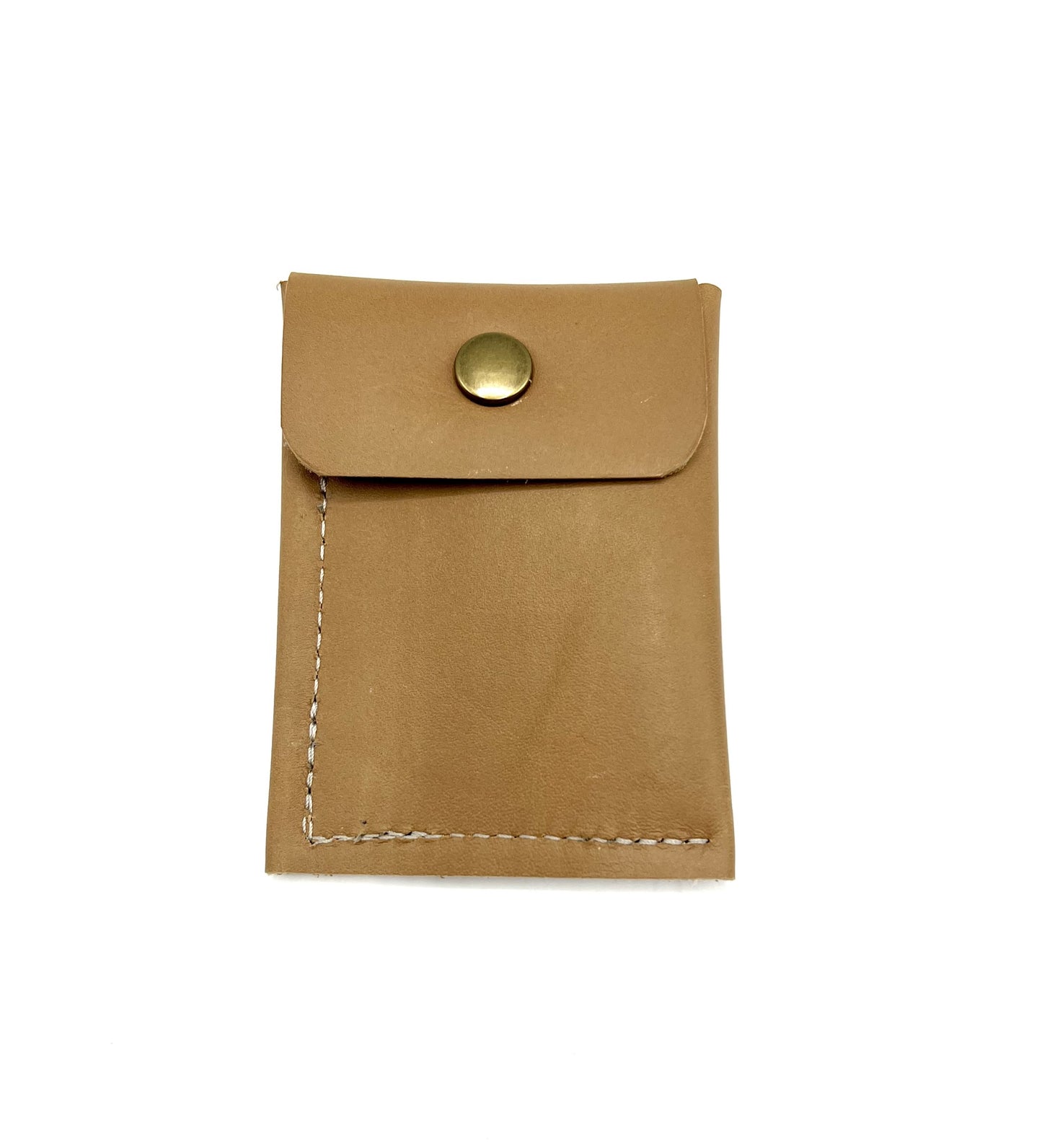 Load image into Gallery viewer, The back of the tan leather wallet showing the button closure for the coin purse.
