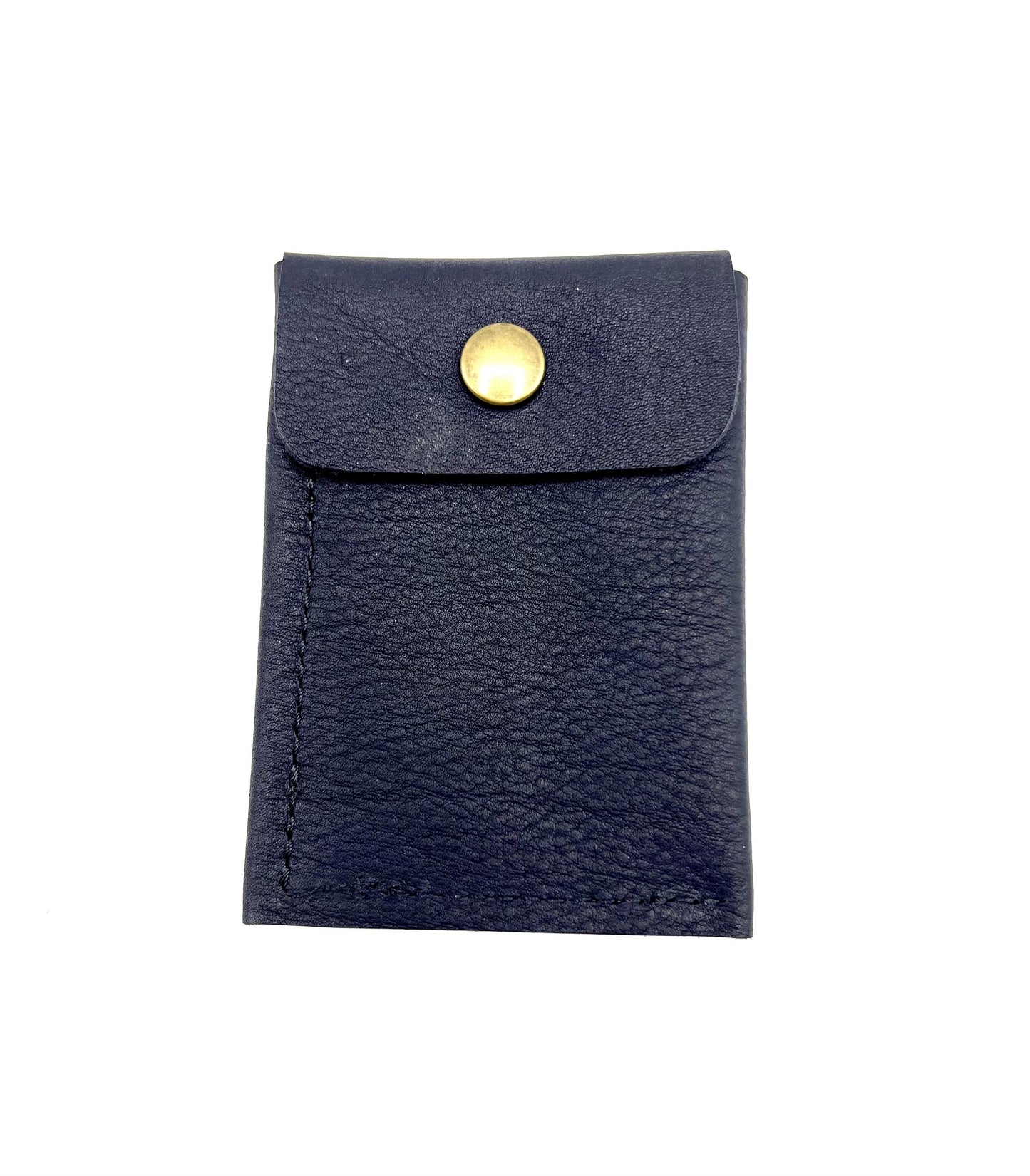Load image into Gallery viewer, The back of the navy leather wallet showing the button closure for the coin purse.
