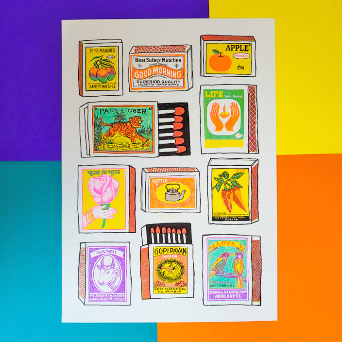 same for this

This is a colourful print showing lots of different matchboxes with cool pictures and names on them, like "Three Mangoes" and "Palm & Tiger".
