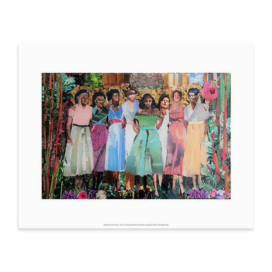 Reproduction of an artwork by Michelle Olivier. A reworked photograph of 8 women side by side, surrounded by photomontage flowers.