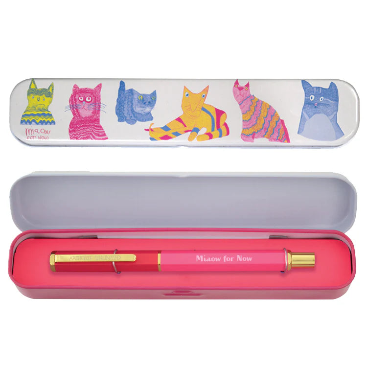 Pink pen with gold accents in a colourful cat-themed case on a white background