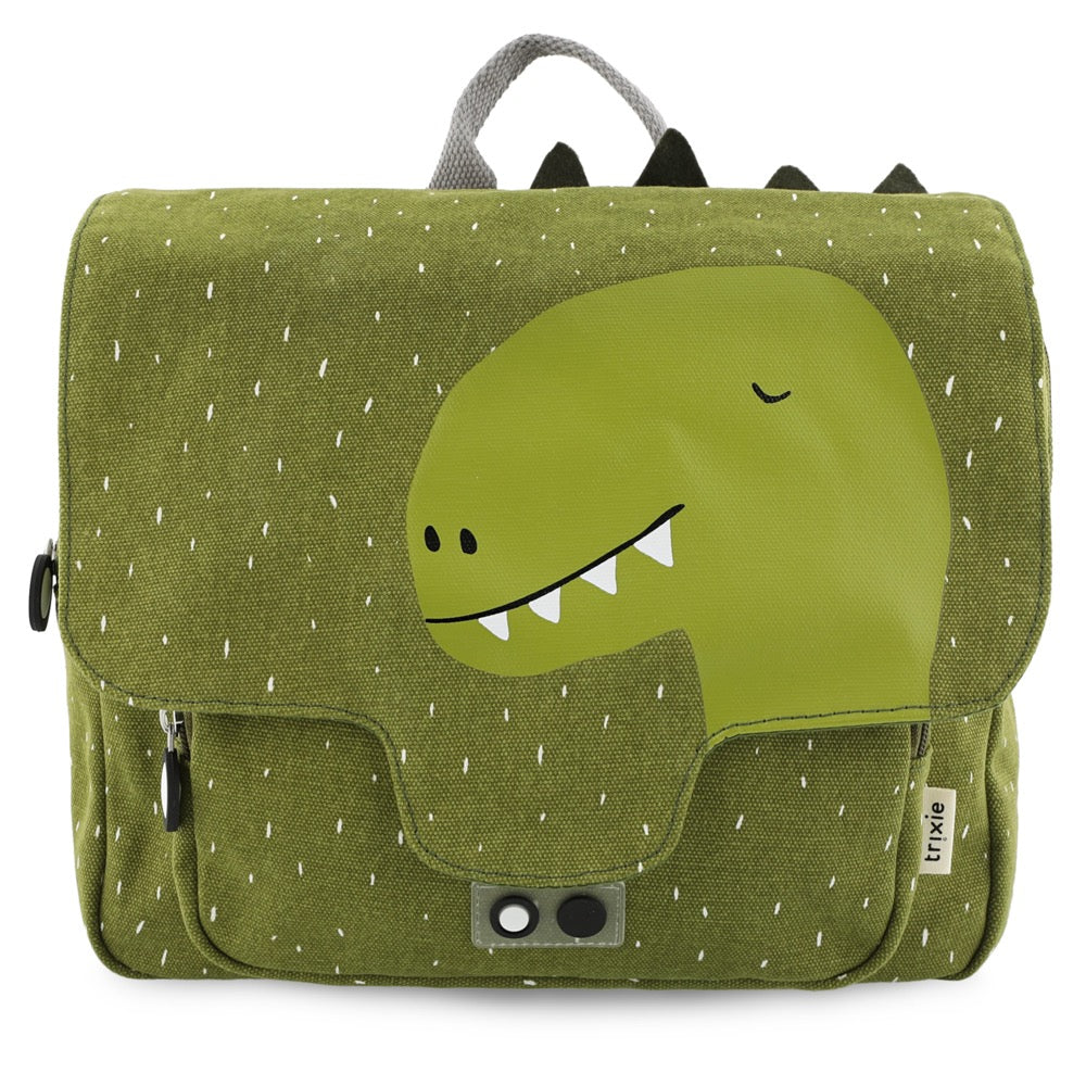 Green backpack with an illustration of a dinosaur on it