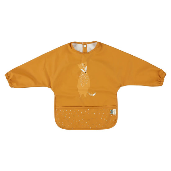 Orange sleeved bib with an illustration of a fox on it