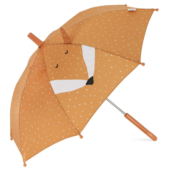 Orange umbrella with an illustration of a fox on it