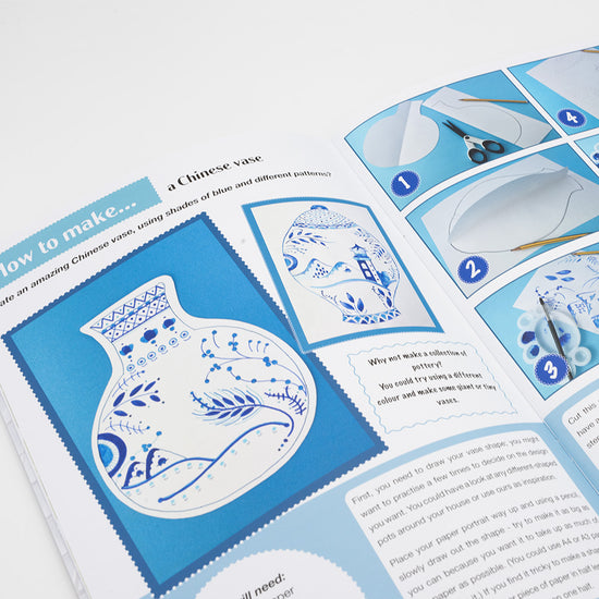 Inside of magazing featuring step-by-step guide of how to make a Chinese vase.