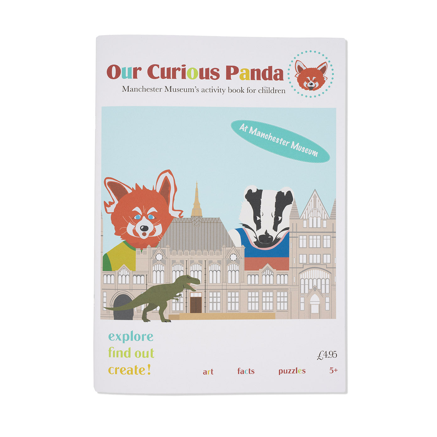 Our Curious Panda magazine cover, featuring an illustration of the Musuem and a badger, fox and dinosaur