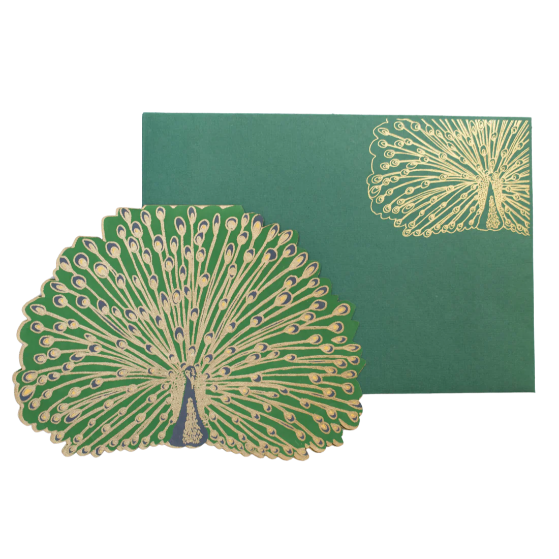 Green and gold peacock card and envelope on white background.