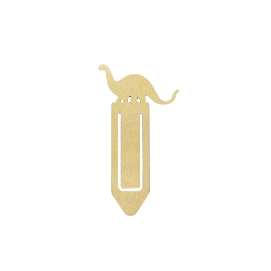 Load image into Gallery viewer, Brass bookmark with a dinosaur above a rectangular shape
