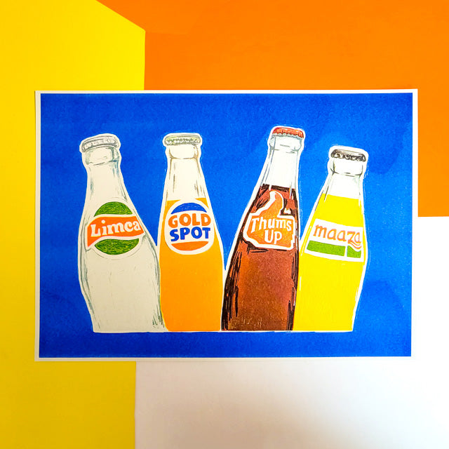 This print shows four colourful bottles of different fizzy drinks: Limca, Gold Spot, Thums Up, and Maaza.