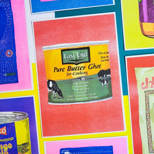 This is a colourful picture of a print showing a yellow and green tin of "East End Pure Butter Ghee", which is a type of butter used in cooking.