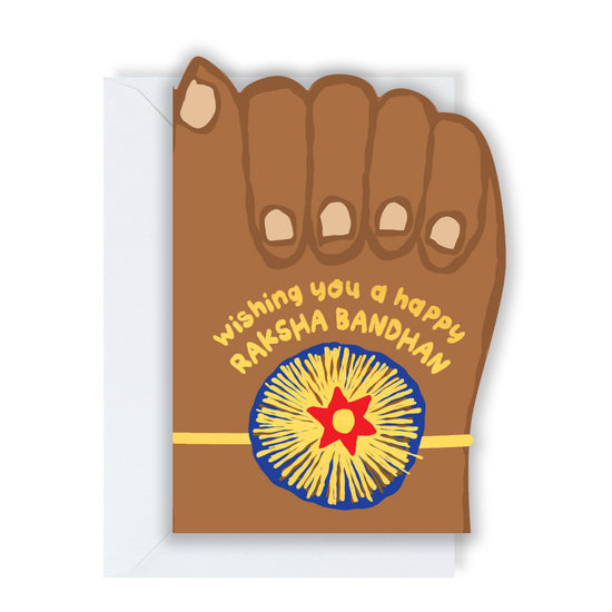 A Raksha Bandhan greeting card featuring a hand with a rakhi (bracelet) tied to its wrist. The text "Wishing you a happy RAKSHA BANDHAN" is written on the card.