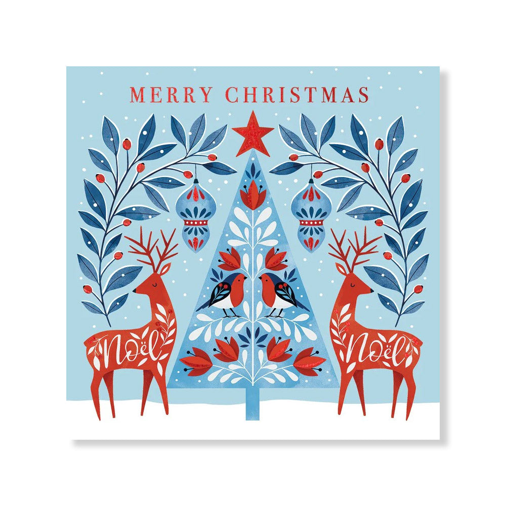 Greetings card with red deer and tree pattern