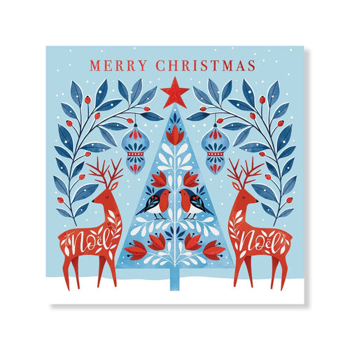 Greetings card with red deer and tree pattern