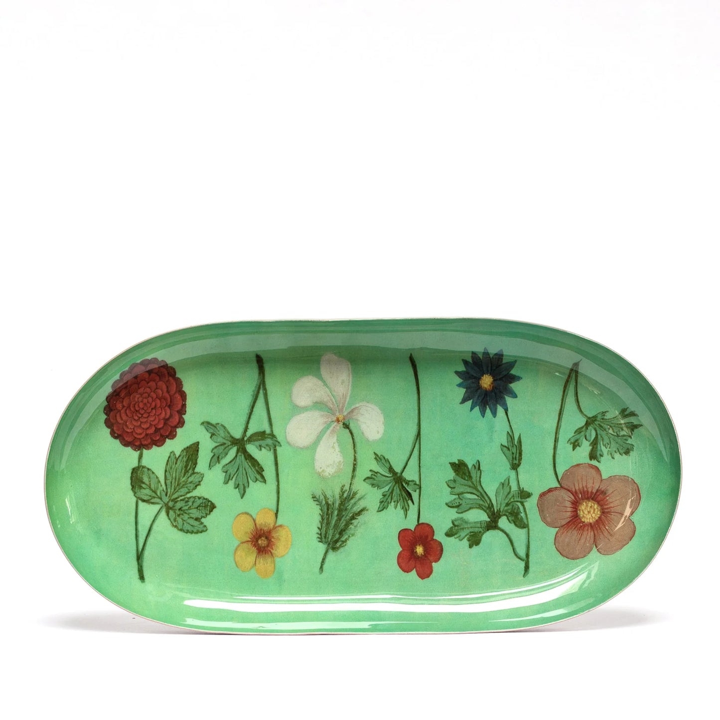 This is a top-down view of the oval dish with a green background and colourful painted flowers, showing its full design and shape.