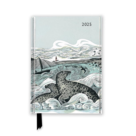 2025 Pocket Diary - the cover features a beautiful illustration of seals basking on a rocky shore, with a lighthouse and a stormy sea in the background. The colours are soft and muted, with a predominance of blues and greys. 