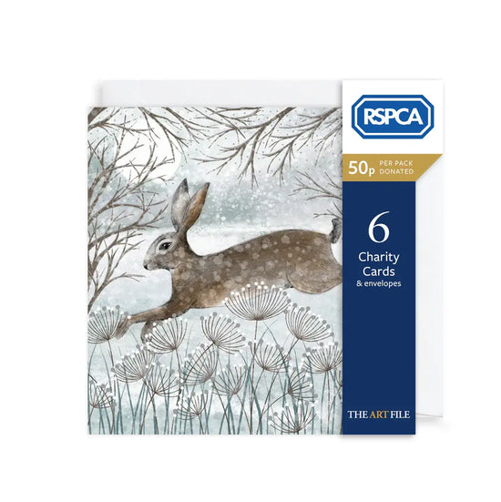 Greetings card pack with snowy setting and hare illustration