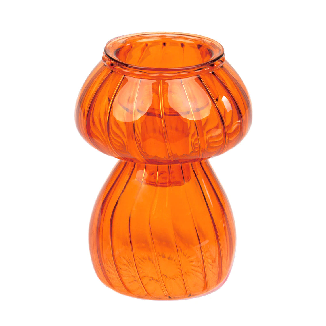 Mushroom shaped glass candle in bright orange.