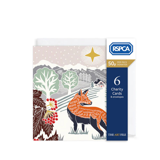 Greetings card pack with navy RSPCA belly band. Front card has an illustration of a fox in a winter scene. White background.