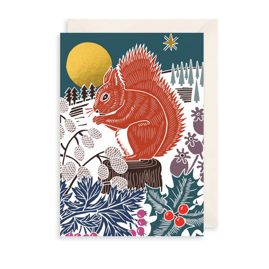 Card featuring an illustration of a red squirrel in a winter scene