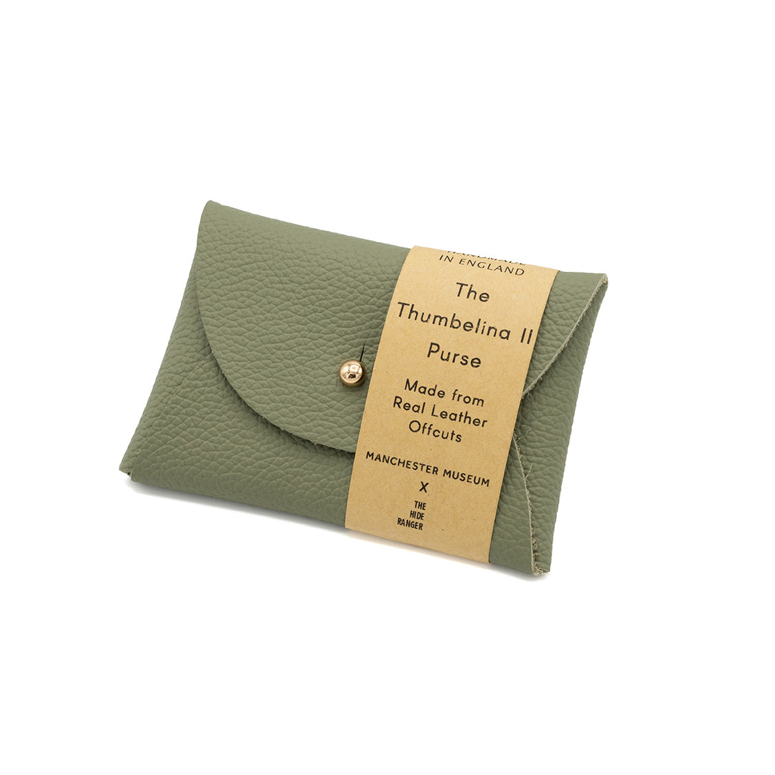 Rectangular leather purse in sage green with a paper bellyband.
