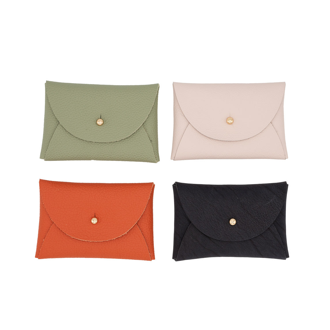 4 rectangular leather purses placed in a grid of four. In colours sage green, orange, pale pink and navy.