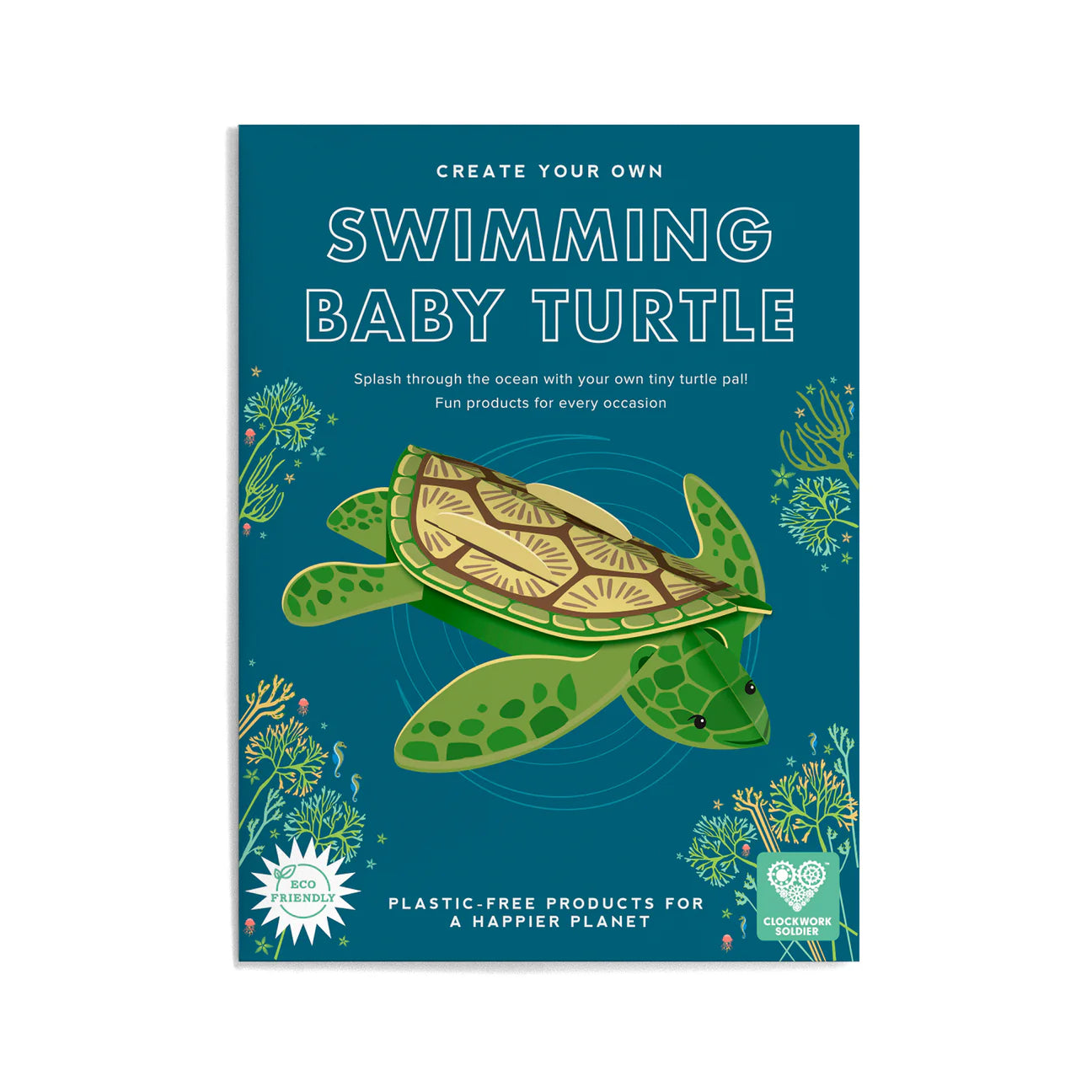 Rectangular packaging for a create your own tiny turtle craft kit, with an illustration of a swimming turtle