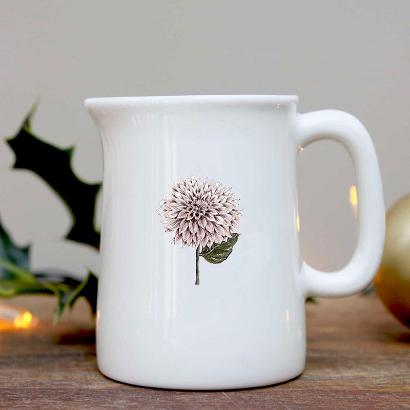 White jug with a dahlia flower illustration