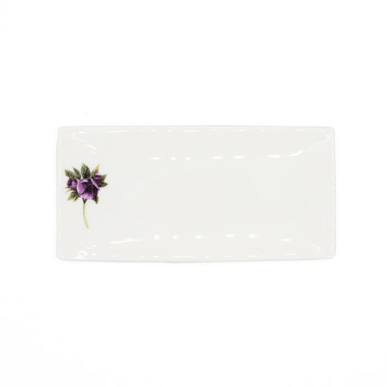 Load image into Gallery viewer, White rectangular soap dish with an illustration of a hellebore flower. Photgoraphed against white background.

