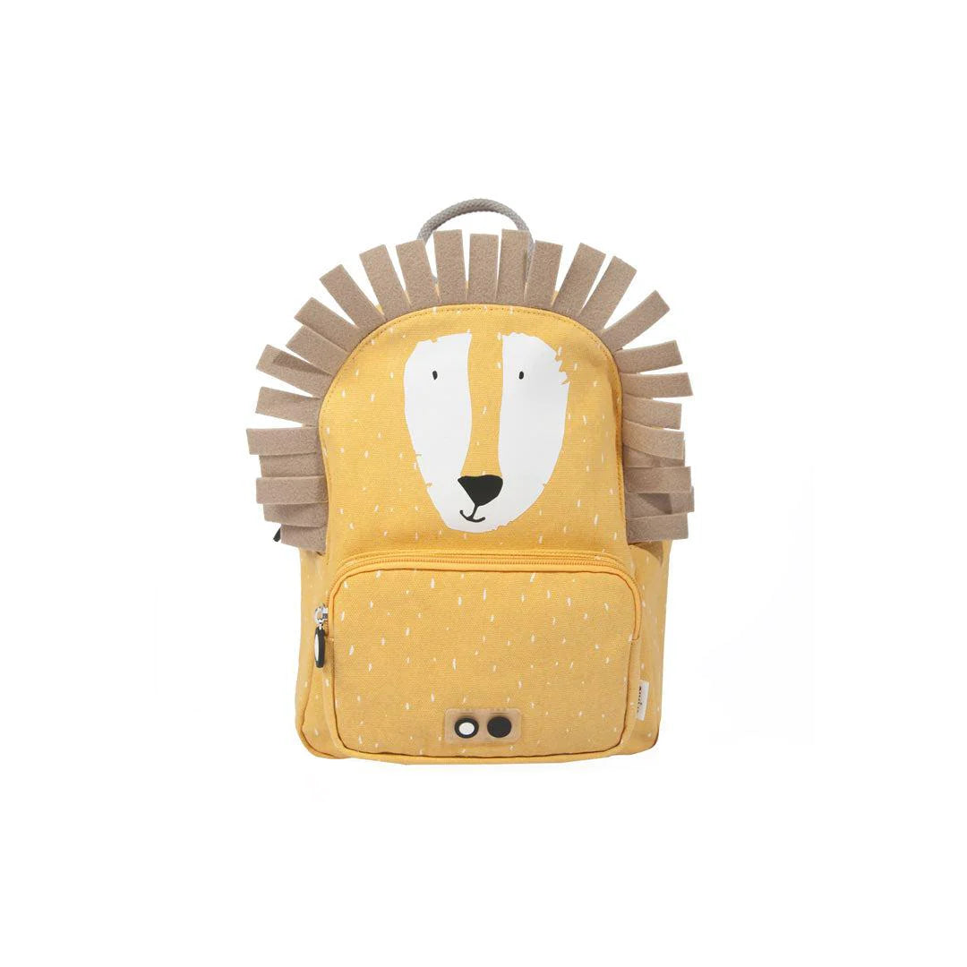 Yellow backpack with a lion's face and felt mane around it.