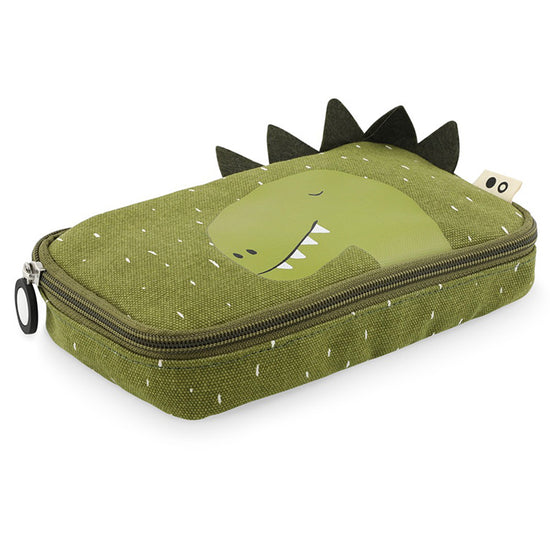 Green rectangular pencil case with an illustration of a dinosaur