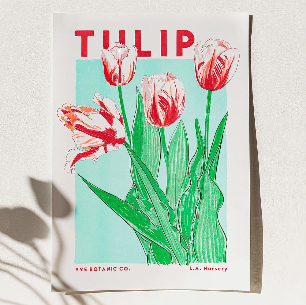 Green and red Risograph print of a tulip