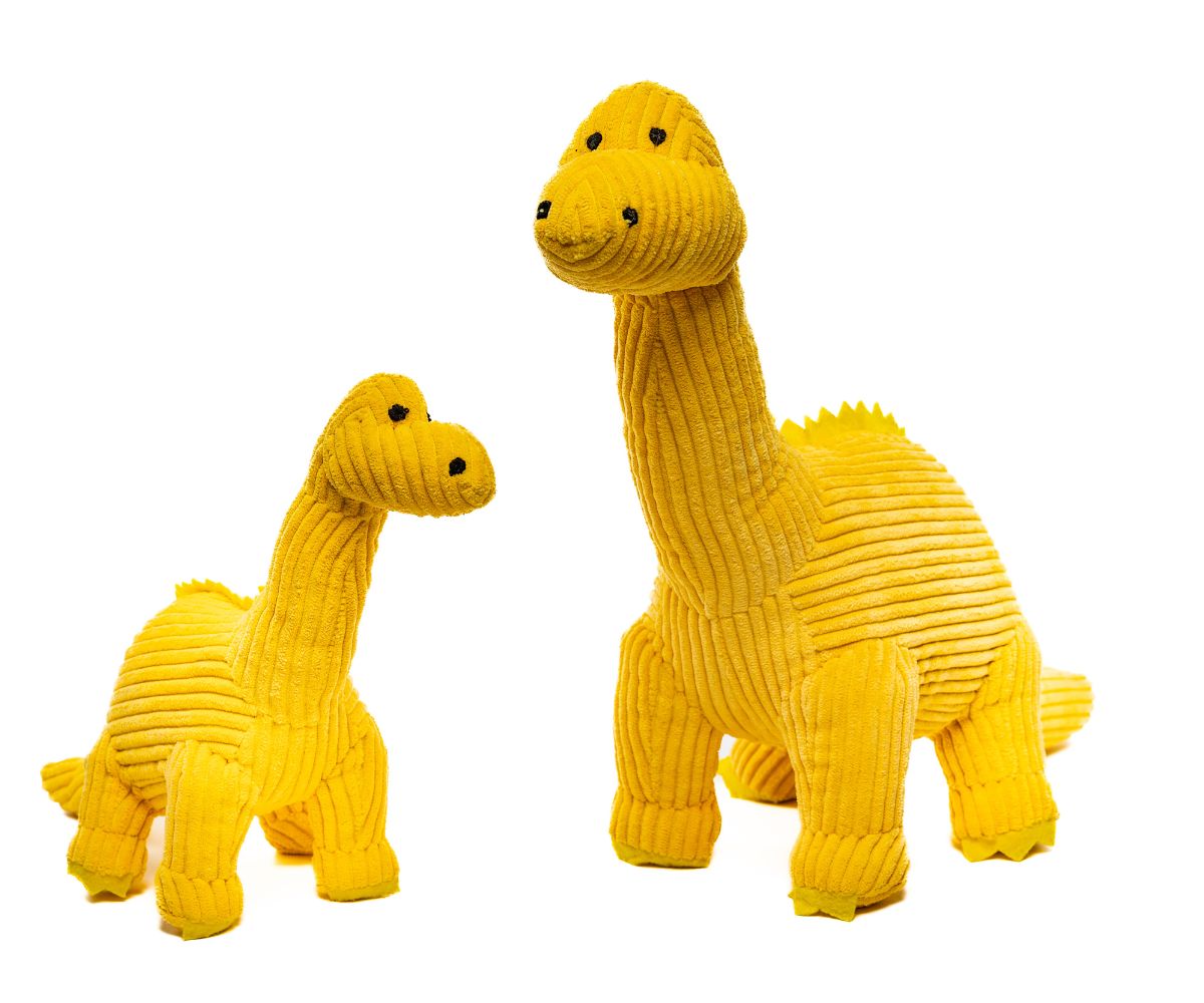 Two sunflower yellow corduroy diplodocus plush toys. The one to the left is smaller than the one to the right.