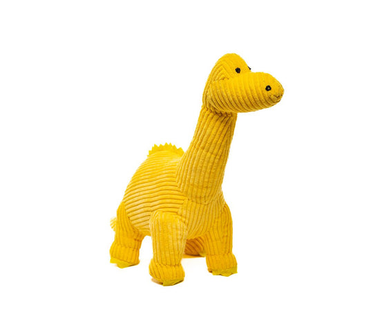 Sunflower yellow corduroy diplodocus plush toy.