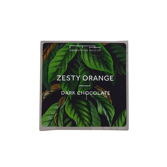 Zesty orange chocolate square box with a cacao tree and leaves illustration. White text: zesty orange, dark chocolate.