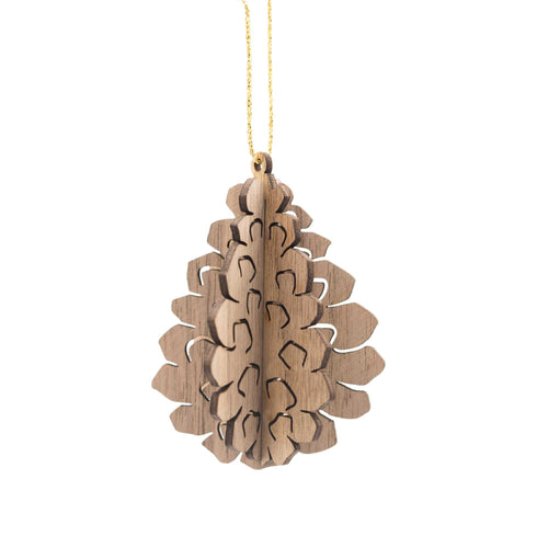 3D pinecone with cut outs and a gold ribbon.