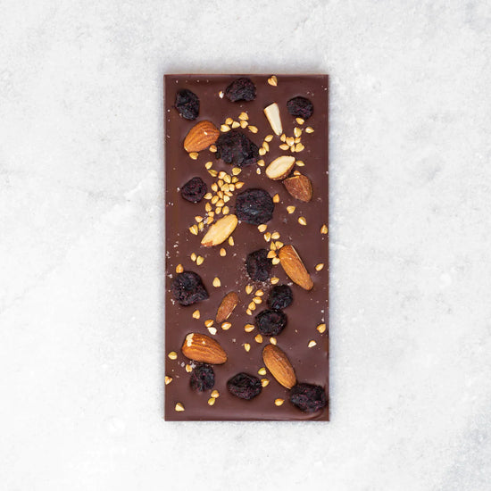 Load image into Gallery viewer, Sour Cherry and Almonds 62% Chocolate

