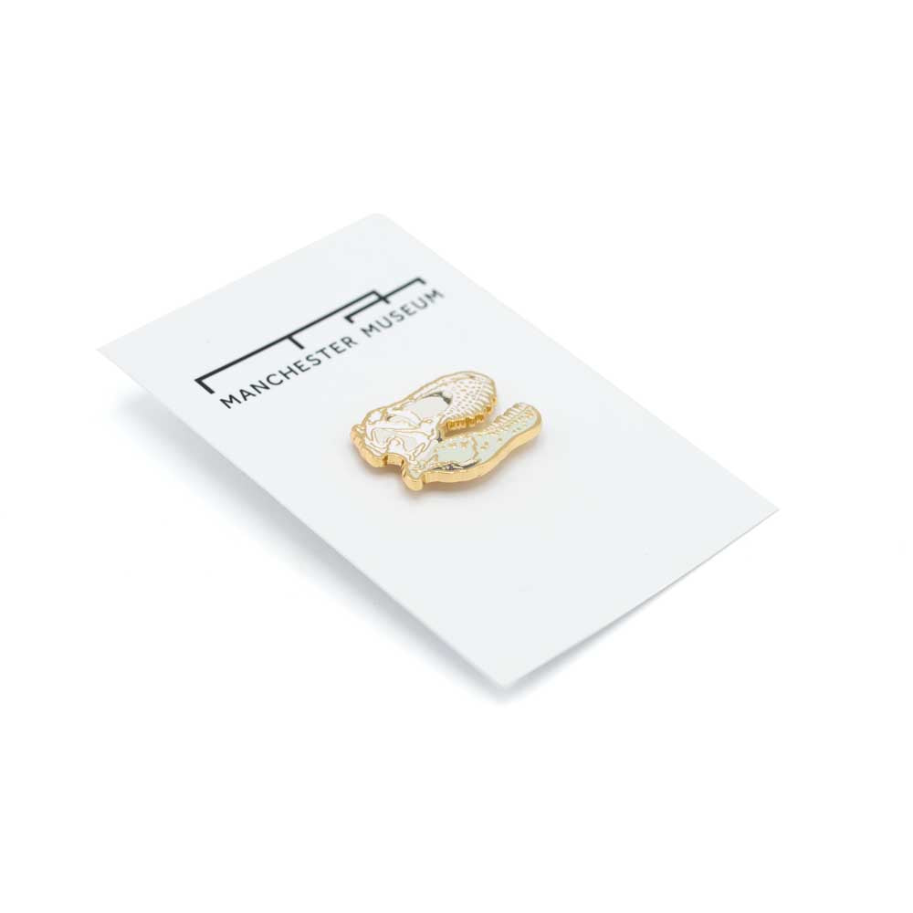 The white and gold t-rex skull pin on the white, museum branded backing card and seen at a slight angle.