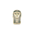 Golden pin with blue engravings shown against a white background.