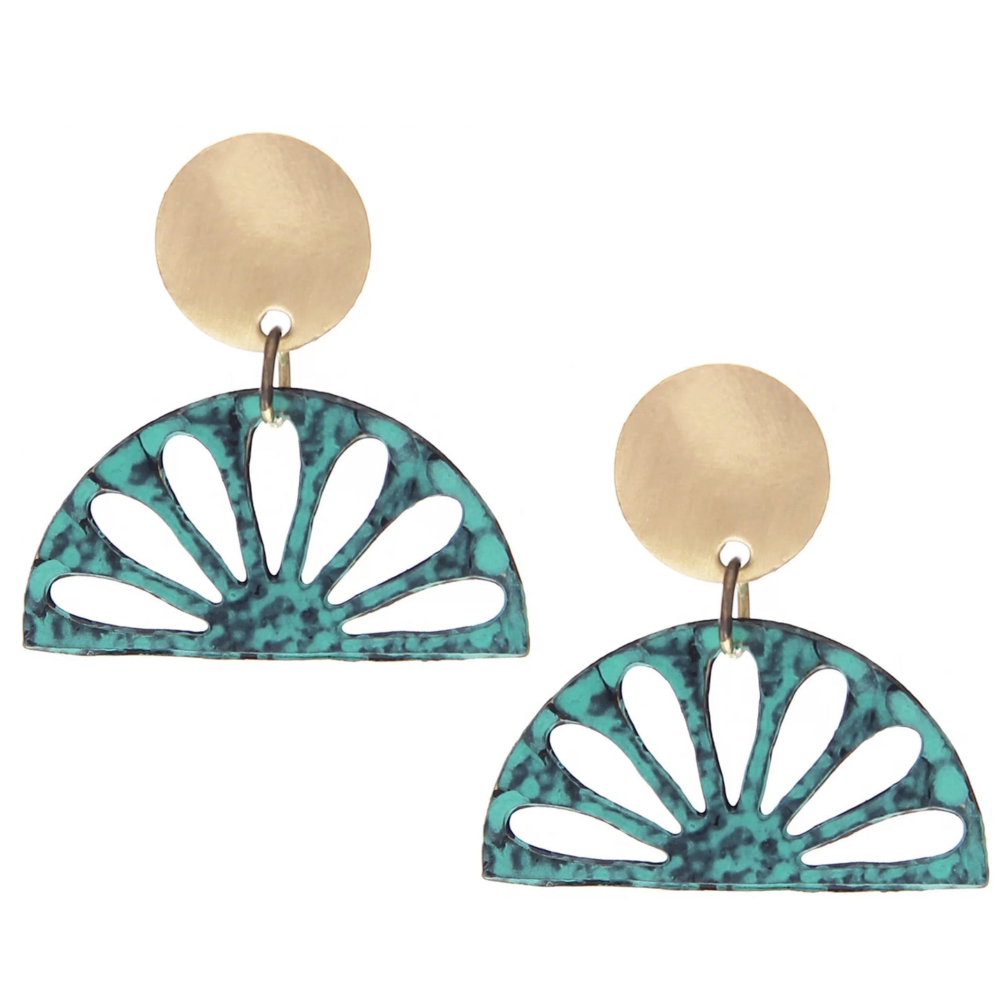 Brass disc stud earrings with semi-circular pendants attached underneath at the rounded edge. The semi-circle pendants have cut outs to look like a rising sun or flower shape.